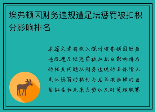 埃弗顿因财务违规遭足坛惩罚被扣积分影响排名